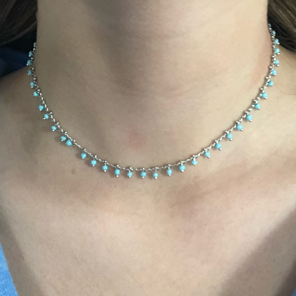 silver and blue beaded necklace